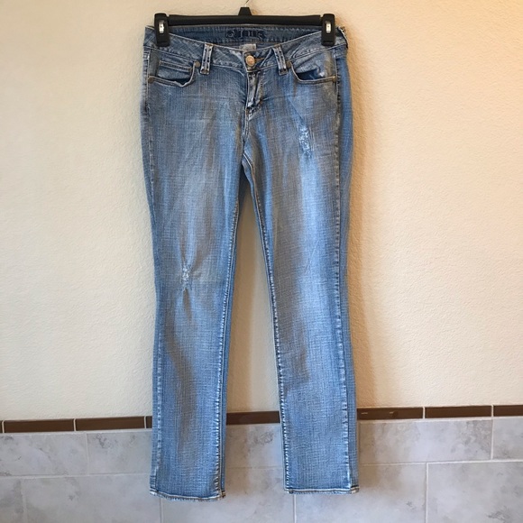 Decree Denim - Decree Distressed Etched Acid Washed Skinny Jeans Size 7 Low Rise Denim Blue